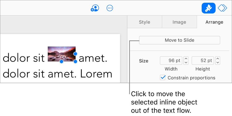 An inline image inside a text box is selected, and a Move to Slide button is visible in the Arrange tab in the sidebar.
