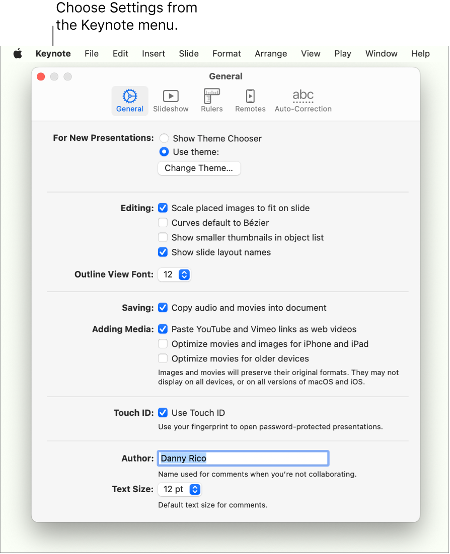 The Keynote settings window open to the General pane.