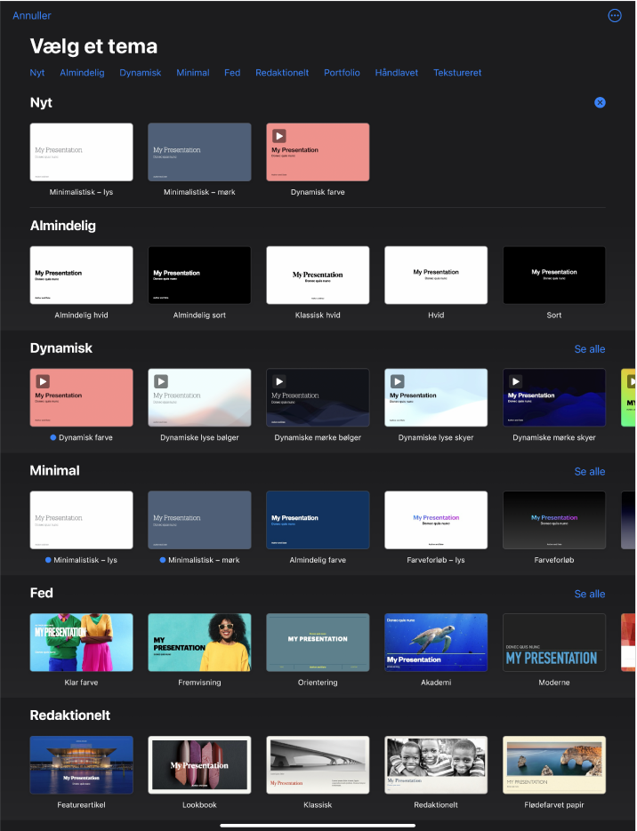 Temavælgeren, der viser en række kategorier langs toppen, som du kan trykke på for at filtrere mulighederne. Derunder ses miniaturer af færdige temaer opstillet i rækker efter kategori.