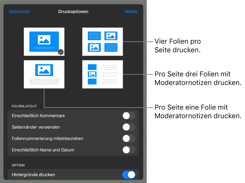 Optionen für das Drucklayout.