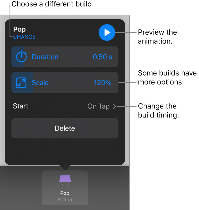 Build options include Duration and Start timing. Tap Change to choose a different build or tap Preview to preview the build.