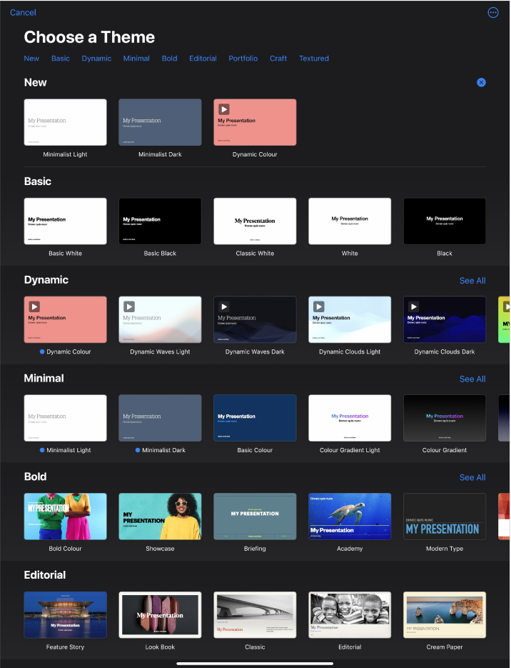 The theme chooser, showing a row of categories across the top that you can tap to filter the options. Below are thumbnails of pre-designed themes arranged in rows by category.