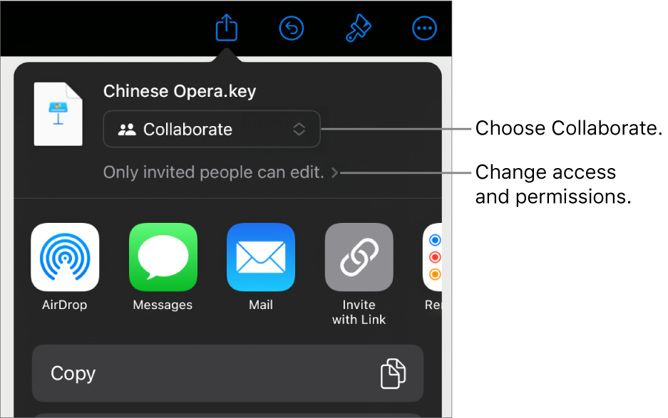 The Share menu with Collaborate selected at the top, and access and permission settings underneath.