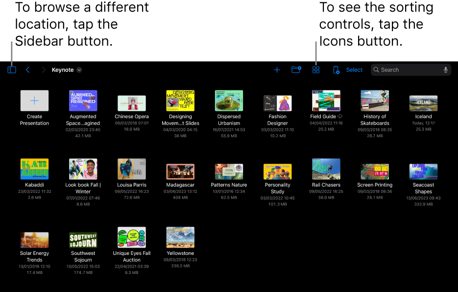 The browse view of the presentation manager with the Sidebar button in the top-left corner. At the top right are the Add button, the New Folder button, the Icons button (to sort by name, date, size or tag), the Select button and the Search button. Below these are thumbnails of existing presentations.