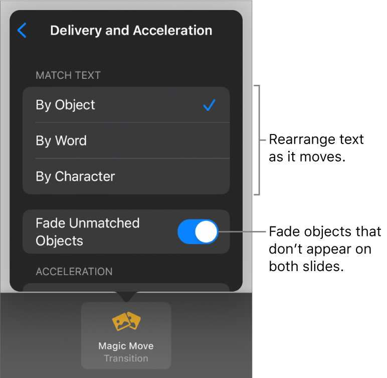 Magic Move delivery and acceleration options in the Acceleration pane.