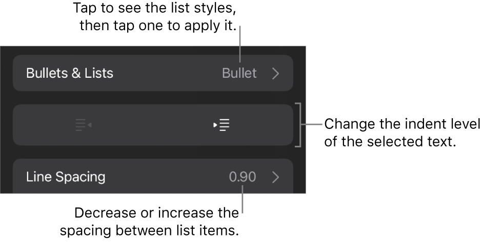 The Bullets & Lists section of the Format controls with callouts to Bullets & Lists, outdent and indent buttons, and line spacing controls.