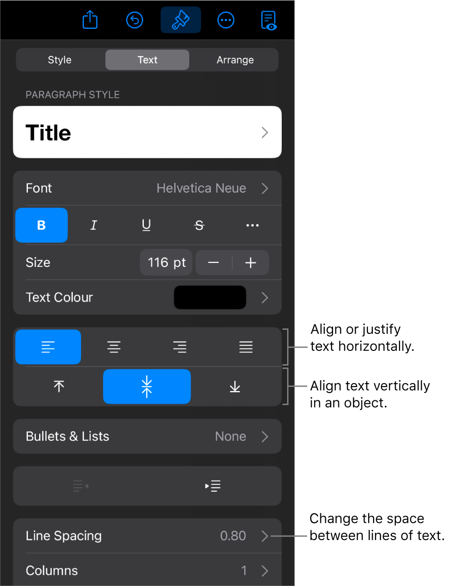 The Layout pane with callouts to the text alignment and spacing buttons.