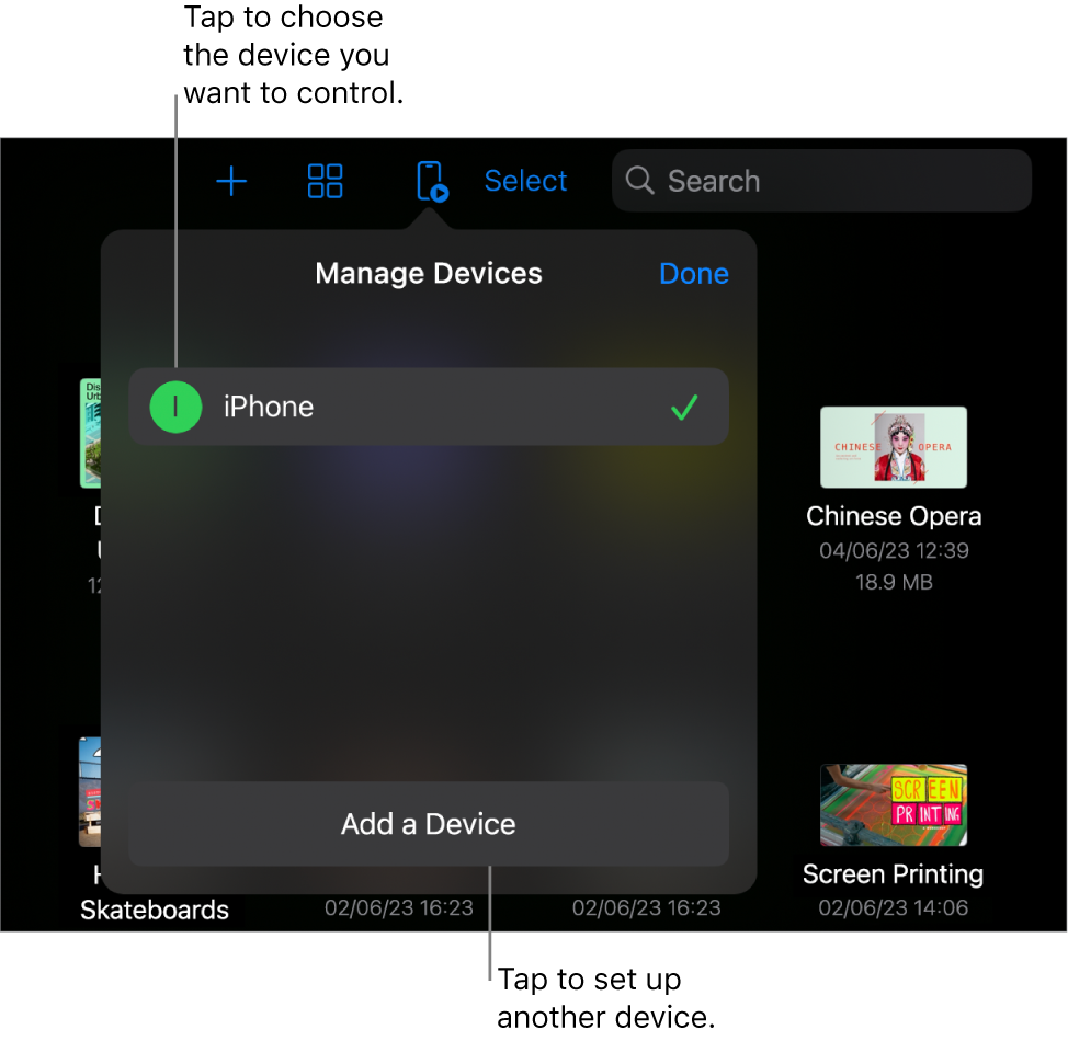 The Manage Devices popover, showing the Add a Device link.