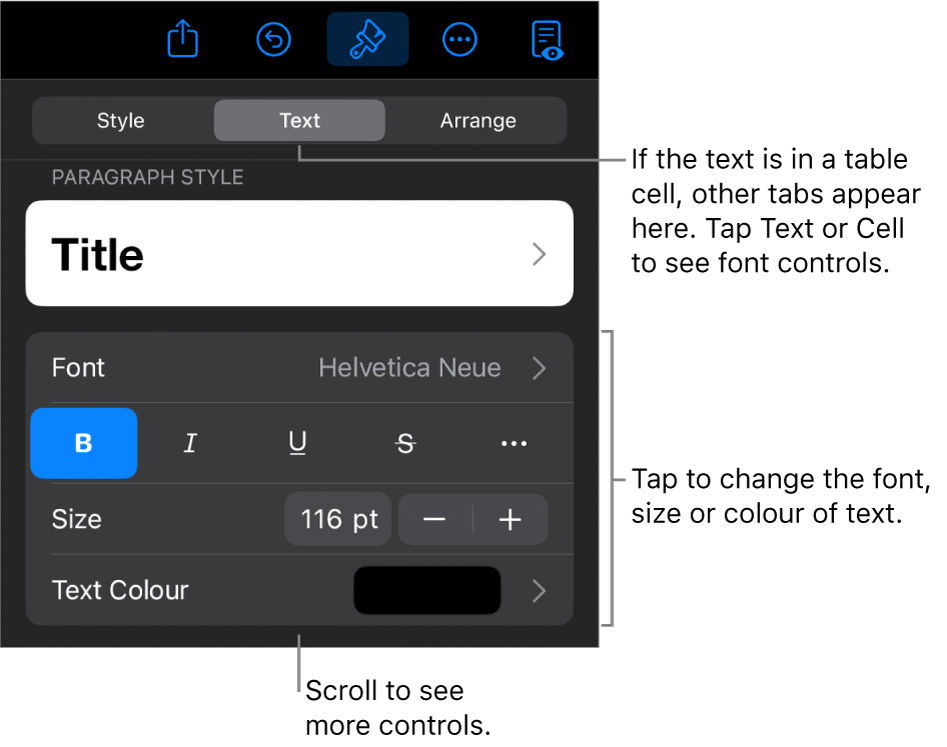 Text controls in the Format menu for setting paragraph and character styles, font, size and colour.