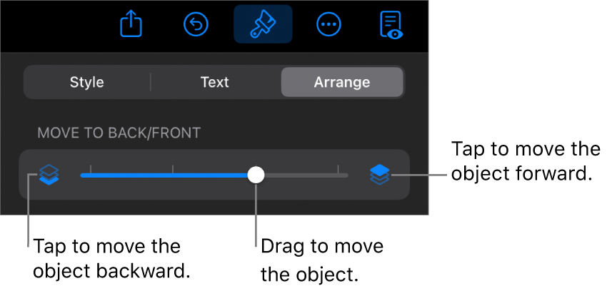 The Move Backward button, the Move Forward button, and the layering slider.