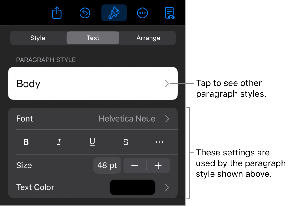 The Format menu showing text controls for setting paragraph and character styles, font, size, and color.