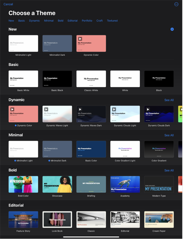 The theme chooser, showing a row of categories across the top that you can tap to filter the options. Below are thumbnails of predesigned themes arranged in rows by category.