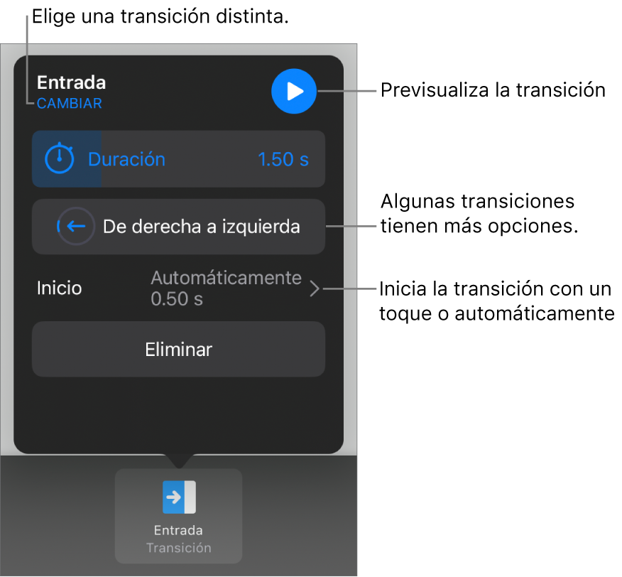 Controles del panel Opciones para modificar una transición.