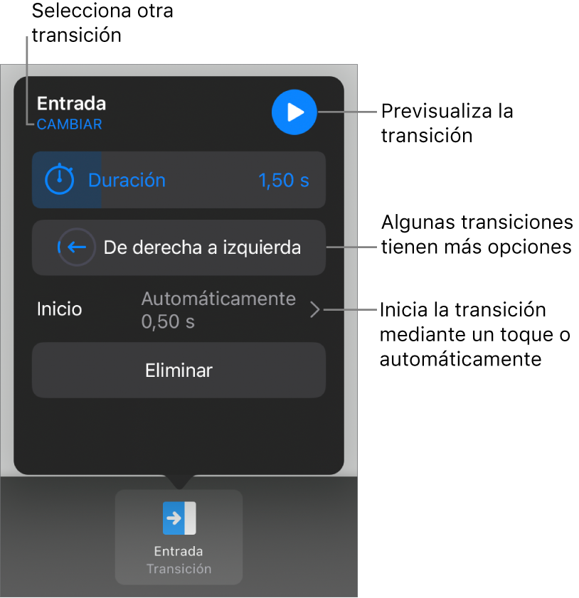 Controles del panel Opciones para modificar una transición.