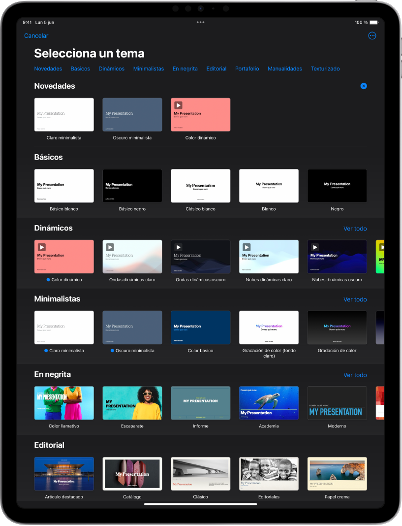 El selector de tema, mostrando una fila de categorías a lo largo de la parte superior que puedes tocar para filtrar las opciones. Debajo hay miniaturas de temas prediseñados organizados en filas por categorías.