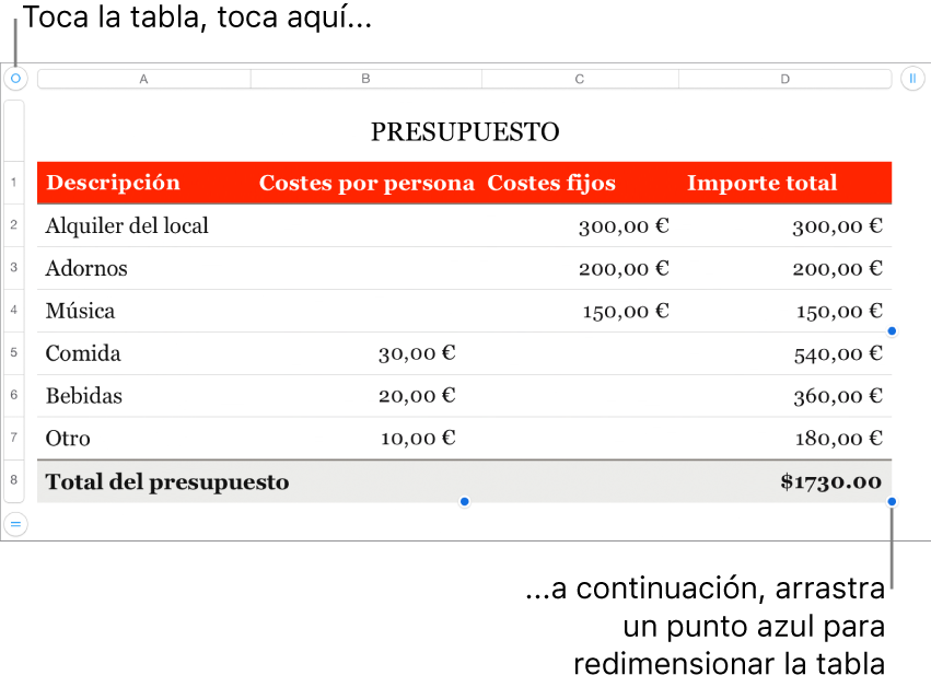 Una tabla seleccionada con puntos azules para redimensionarla.