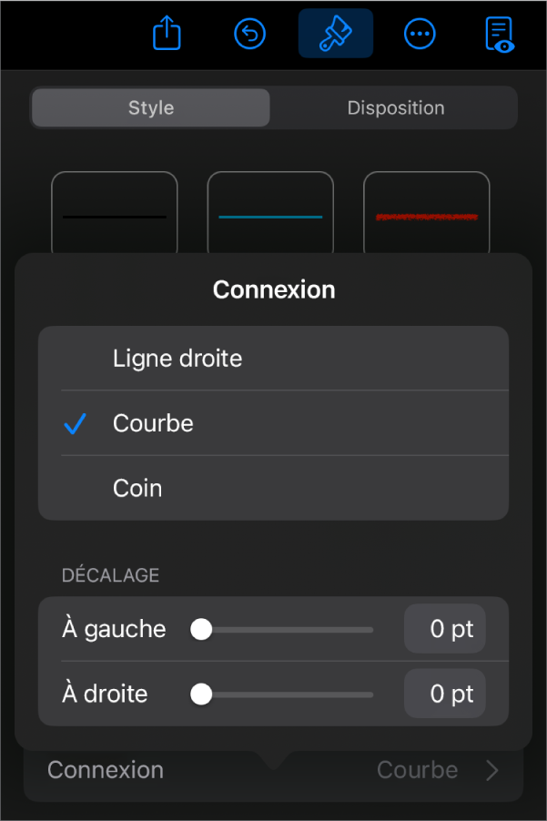 Les commandes Connexion avec l’option Courbe sélectionnée.