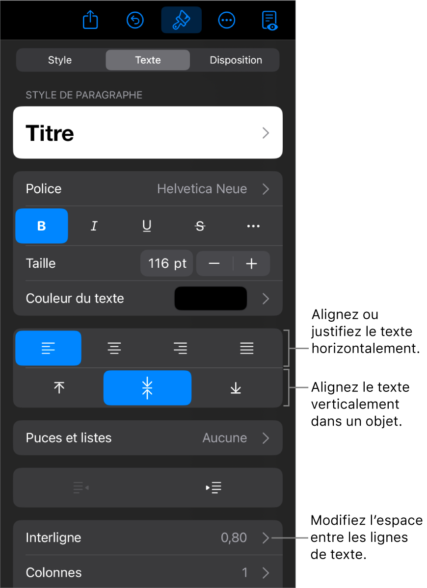 La sous-fenêtre Disposition avec les légendes des boutons d’alignement et d’espacement de texte.