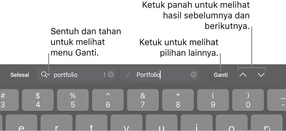 Kontrol Temukan & Ganti di atas papan ketik dengan keterangan pada tombol Pilihan Cari, Ganti, Ke Atas, dan Ke Bawah.