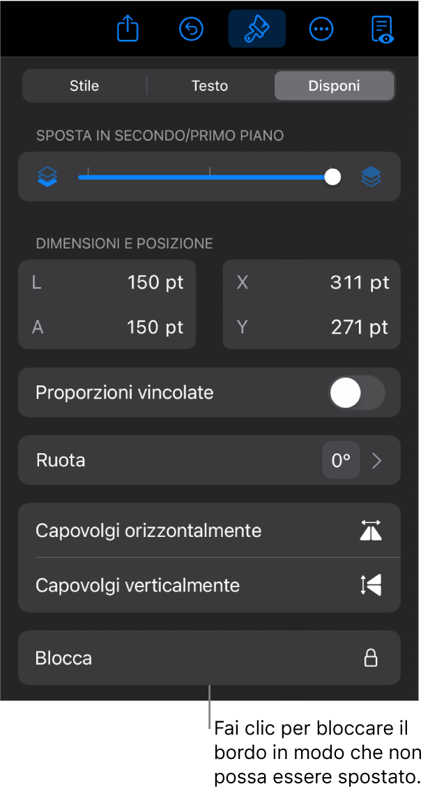 I controlli Disposizione nel menu Formato con il pulsante Blocca visibile.