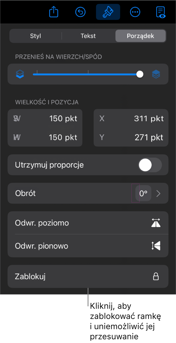 Narzędzia Uporządkuj w menu Format z wyróżnionym przyciskiem Blokuj.