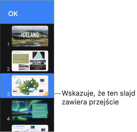 Żółty trójkąt na slajdzie wskazuje, że do slajdu dodane zostało przejście.