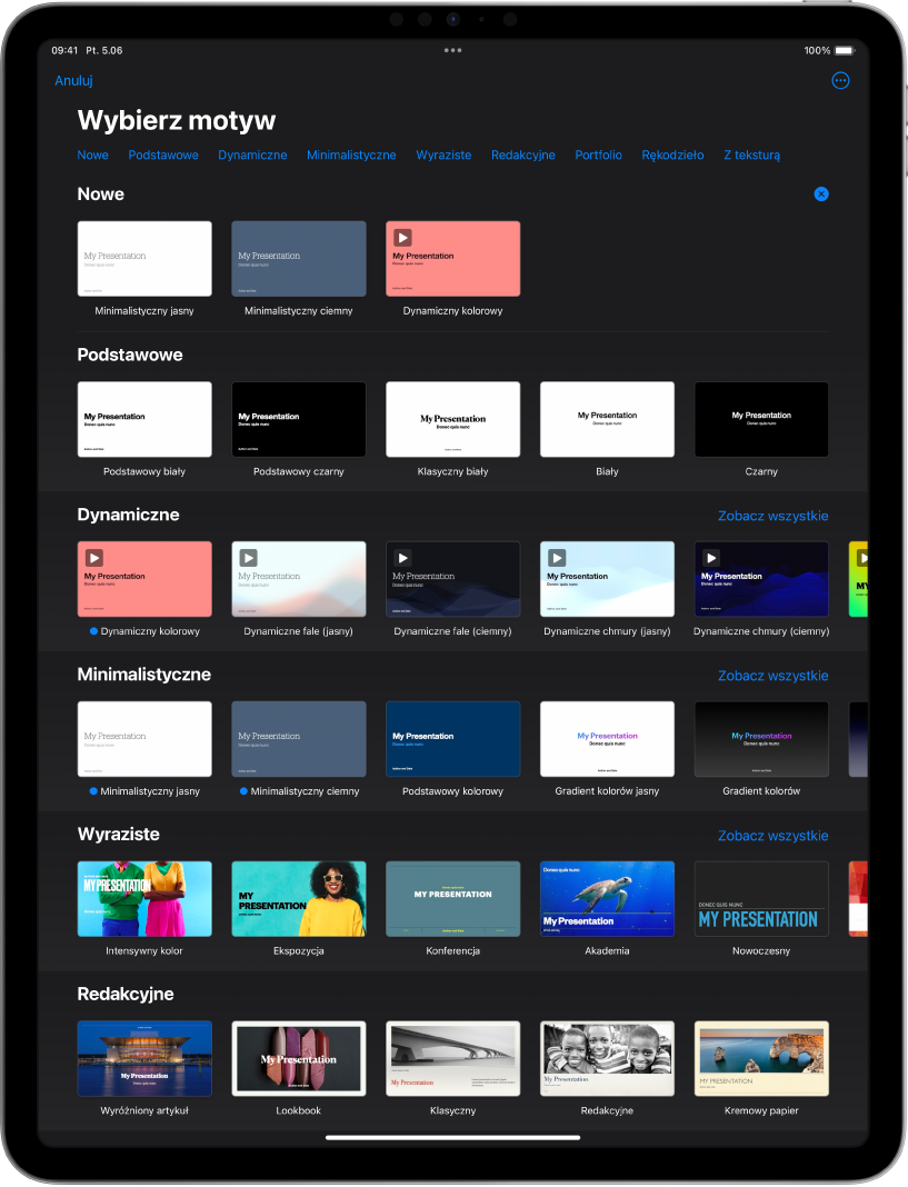Paleta motywów z widocznym na górze wierszem kategorii, w które możesz stuknąć, aby filtrować dostępne motywy. Poniżej widoczne są miniaturki gotowych motywów uporządkowane wierszami według kategorii.