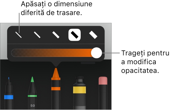 Comenzile pentru alegerea unei dimensiuni de trasare și un glisor pentru ajustarea opacității.