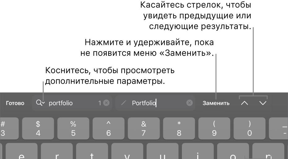 Элементы управления параметром «Найти и заменить» над клавиатурой. Выноски указывают на кнопки «Параметры поиска», «Заменить», «Перейти вверх» и «Перейти вниз».