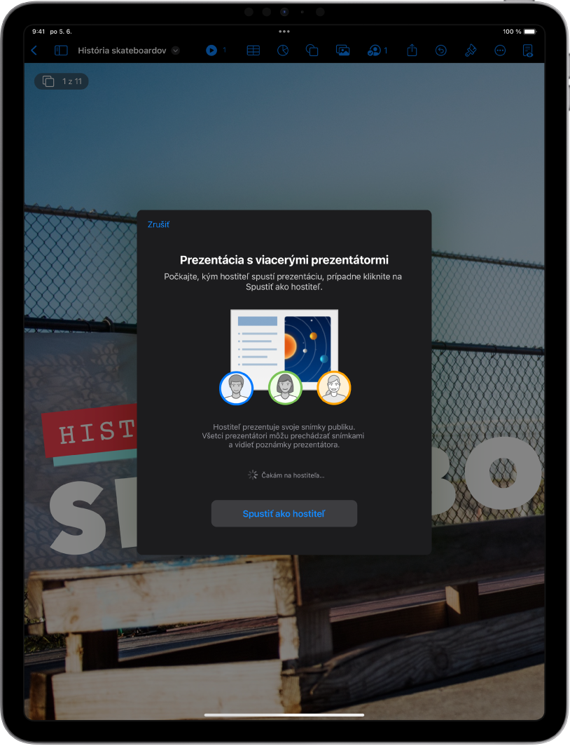 Okno predstavujúce prezentáciu pre viacerých prezentátorov s tlačidlom Spustiť ako hostiteľ v spodnej časti.
