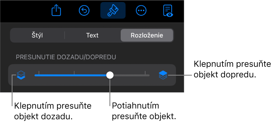 Tlačidlo Presunúť dozadu, tlačidlo Presunúť dopredu a posuvník vrstiev.