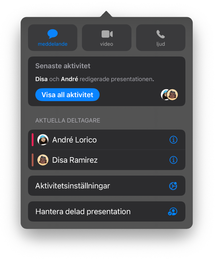 Samarbetsmenyn med namnen på de personer som samarbetar på en presentation.