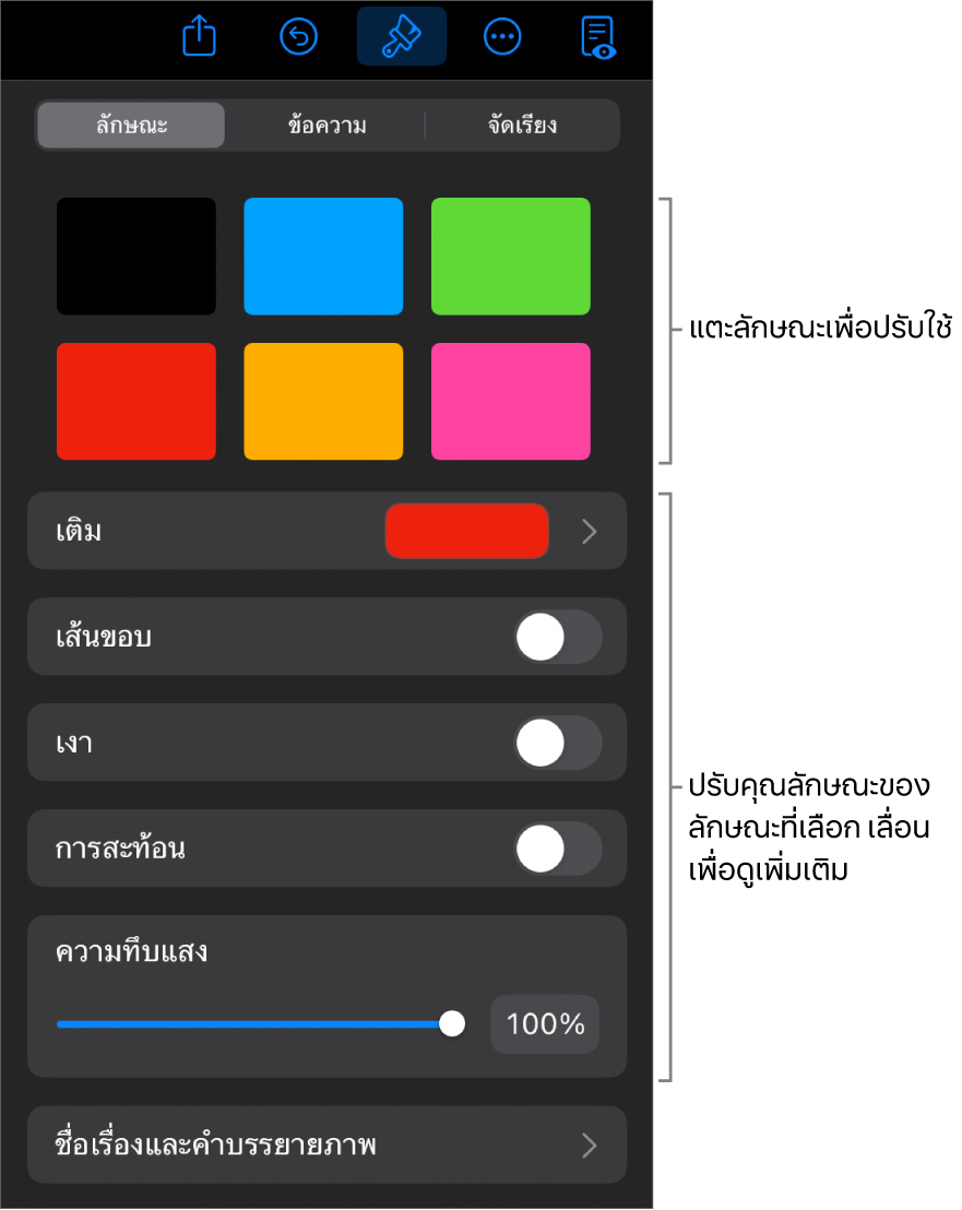 แถบลักษณะของเมนูรูปแบบที่มีลักษณะวัตถุอยู่ด้านบนสุดและตัวควบคุมสำหรับเปลี่ยนเส้นขอบ เงา การสะท้อน และความทึบ อยู่ด้านล่าง