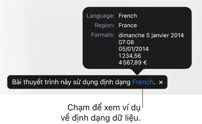 Thông báo về cài đặt ngôn ngữ và vùng khác, đang hiển thị các ví dụ về định dạng trong ngôn ngữ và vùng đó.