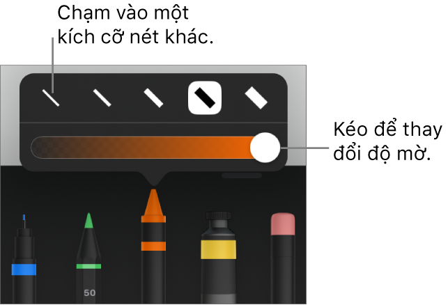 Các điều khiển để chọn một kích cỡ nét và thanh trượt để điều chỉnh độ mờ.