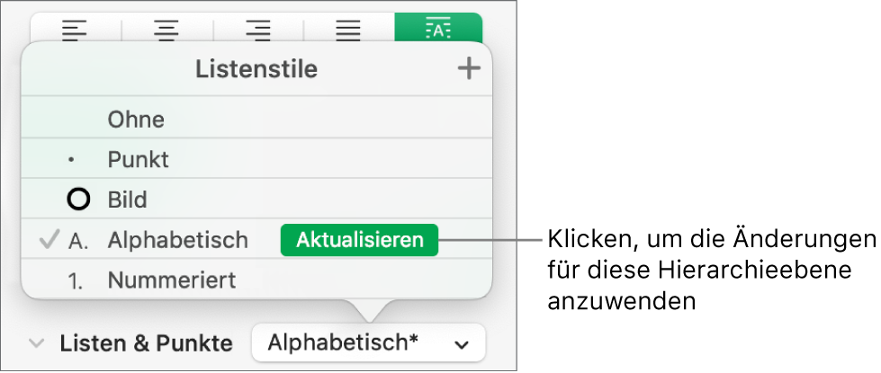 Das Einblendmenü „Listenstile“ mit der Taste „Aktualisieren“ neben dem Namen des neuen Stils