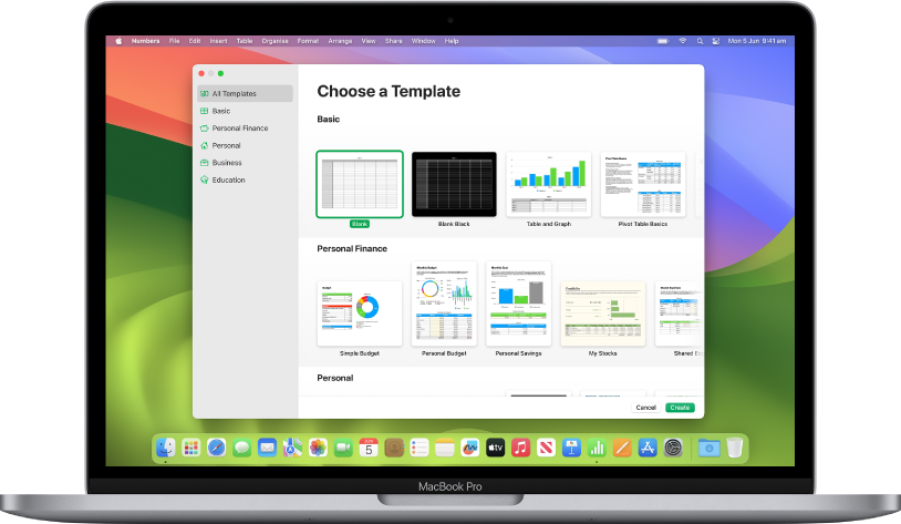 A MacBook Pro with the Numbers template chooser open on the screen. The All Templates category is selected on the left and pre-designed templates appear on the right in rows by category.