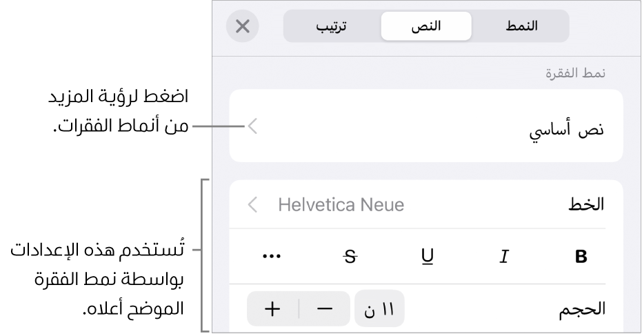 القائمة تنسيق تعرض عناصر التحكم في النص لإعداد أنماط الأحرف والفقرات والخط والحجم واللون.