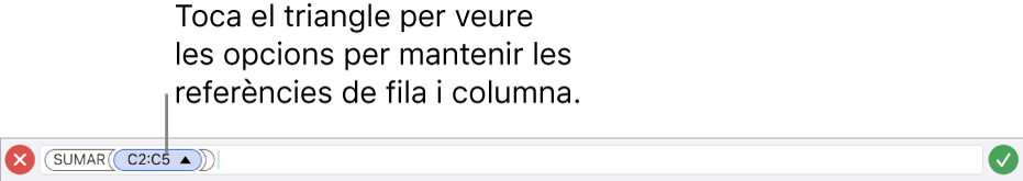 L’editor de fórmules, que mostra com mantenir les referències de fila i de columna quan es copia o es trasllada la cel·la.
