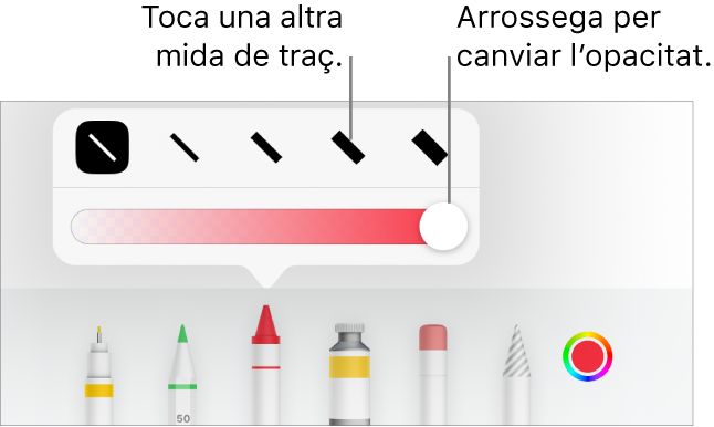 Controls per triar una mida de traç i un regulador per ajustar‑ne l’opacitat.