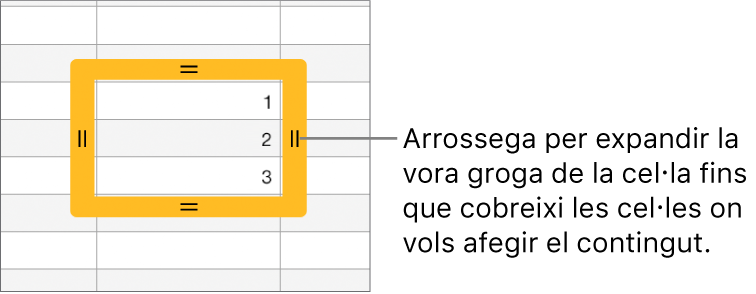 Una cel·la seleccionada, amb una vora groga ampla que pots arrossegar per autocompletar cel·les.