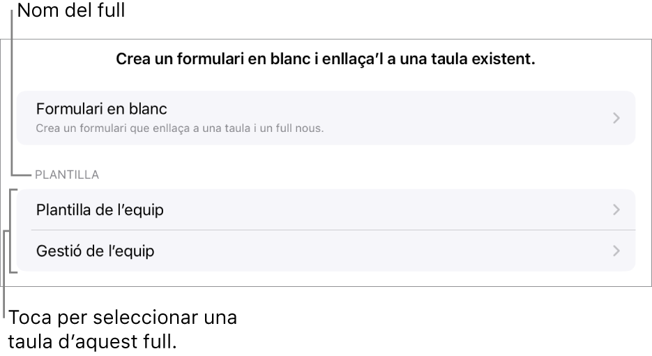 Una llista de taules que són al mateix full de càlcul, amb l’opció per crear un formulari en blanc a la part superior.