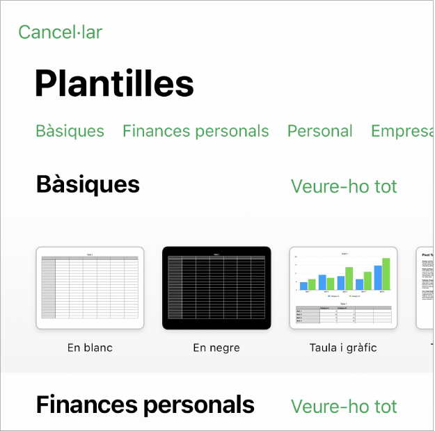 El selector de plantilles, amb una fila de categories a la part superior que pots tocar per filtrar les opcions. A sota hi ha miniatures de plantilles predissenyades ordenades en files per categoria.