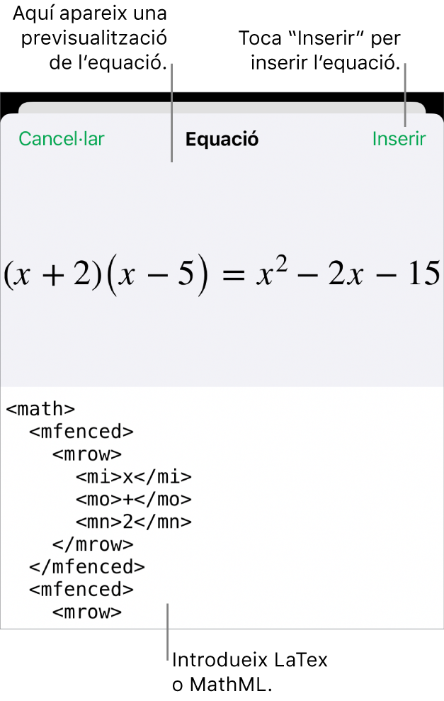 El quadre de diàleg Equació amb una equació escrita amb les ordres MathML i una previsualització de la fórmula al damunt.