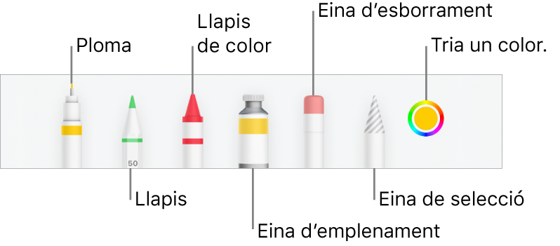 La barra d’eines de dibuix al Numbers de l'iPhone, amb una ploma, un llapis, un llapis de colors, l’eina d’emplenament, l’eina d’esborrament, l’eina de selecció i la paleta de colors que mostra el color actual.