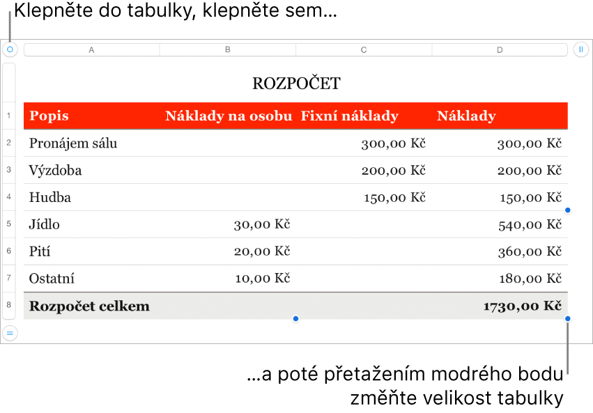 Vybraná tabulka s modrými body pro změnu velikosti