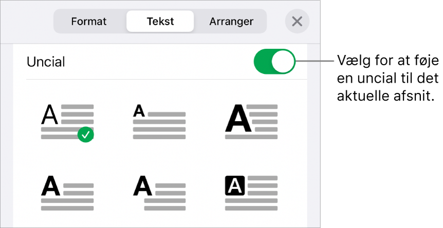 Betjeningsmulighederne til Uncial placeret i menuen Tekst.