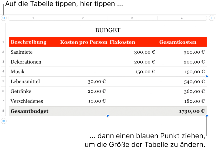 Eine ausgewählte Tabelle mit blauen Punkten zum Ändern der Größe