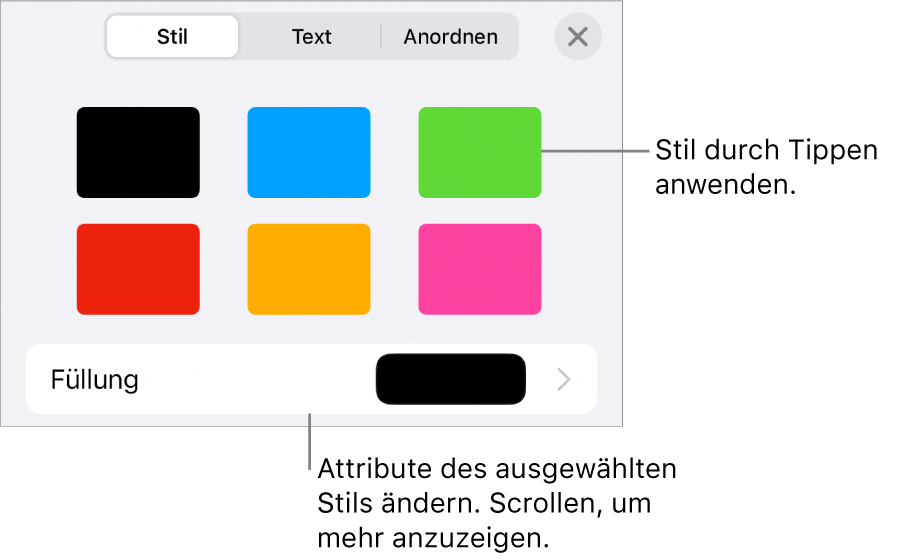 Der Tab „Stil“ des Menüs „Format“ mit Objektstilen oben und darunter einem Steuerelement zum Ändern der Füllung.