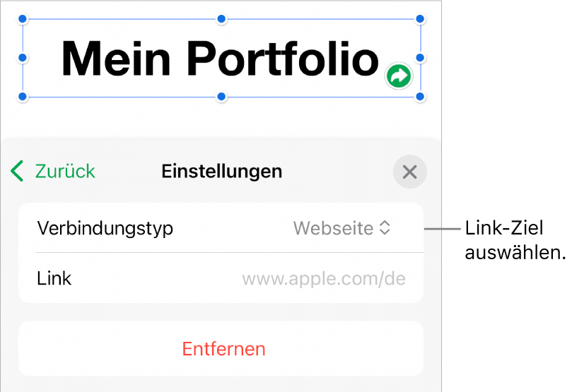 Die Steuerelemente der Linkeinstellungen mit ausgewählter Webseite und der Taste „Entfernen“ unten.